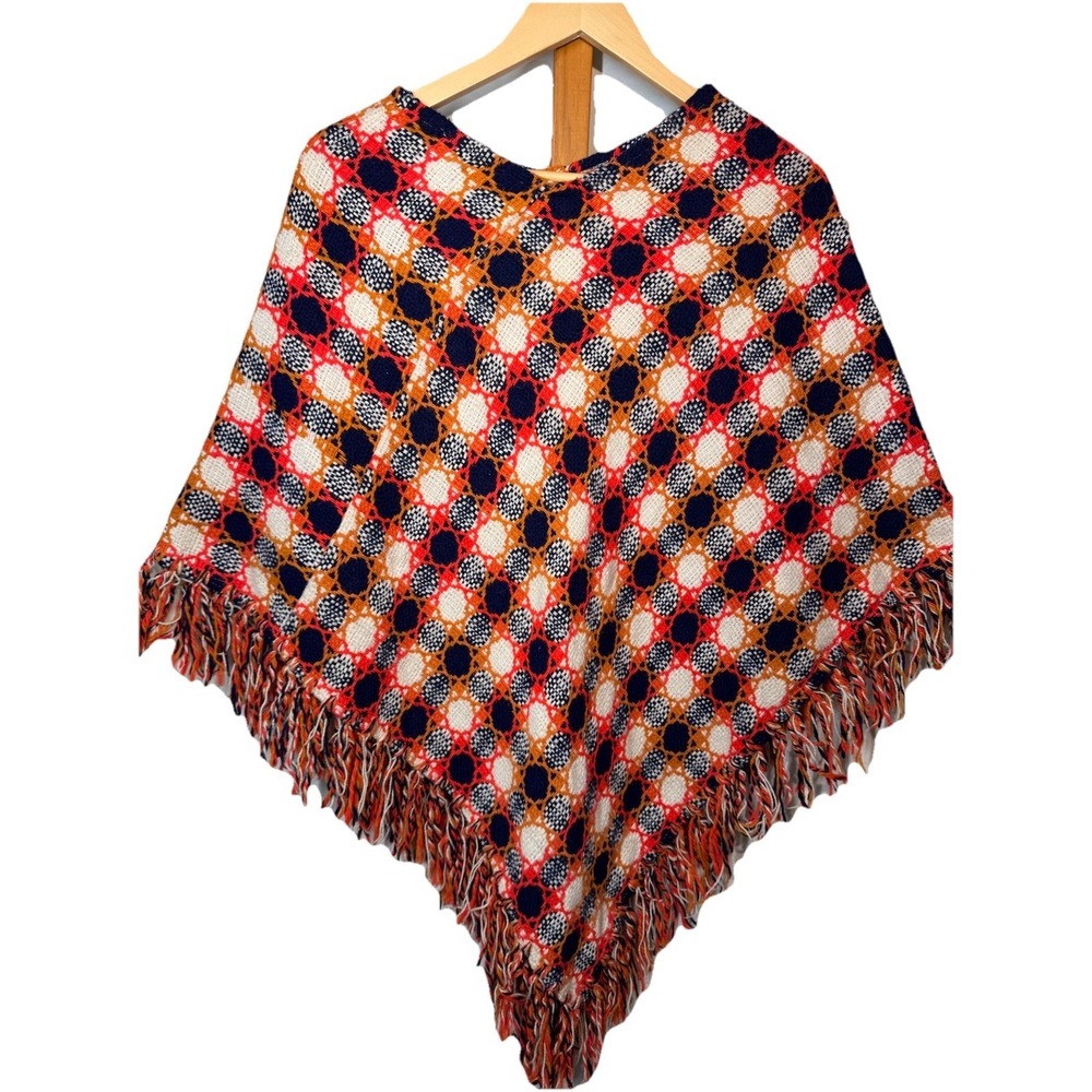Vintage 1970s Crochet Poncho Colorful Cottage Core Granny Boho Fringe One Size